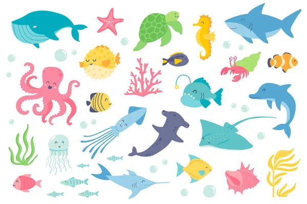 Su altı hayvanları ve balıklar izole edilmiş nesneler. Balina, denizyıldızı, kaplumbağa, denizatı, köpekbalığı, ahtapot, denizanası, yunus, mercan koleksiyonu. Düz çizgi filmdeki tasarım elementlerinin vektör illüstrasyonu — Stok Vektör