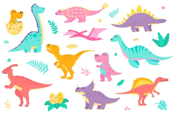 Aranyos dinoszauruszok izolált tárgyak készlet. Gyűjteménye különböző típusú színes dinoszauruszok, dino baba a tojásban. Vicces őstörténeti hüllők. Vektor illusztráció design elemek lapos rajzfilm — Stock Vector