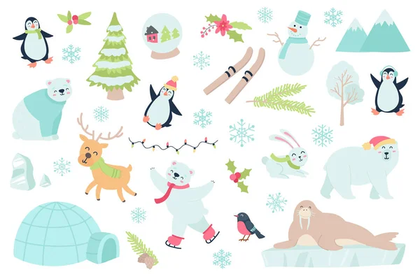 Winter tijd en dier geïsoleerde objecten ingesteld. Collectie van pinguïn, rendier poolbeer, beer, sneeuwvlok, sneeuwpop, bergen, bloemenslinger, vogel, konijn. Vector illustratie van design elementen in platte cartoon — Stockvector