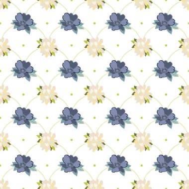 Yaz çiçekleri ve yapraklar pürüzsüz. Beyaz ve mavi çiçekler arka planda sonu gelmeyen fayansları tekrarlıyorlar. Güzel çiçek açan botanik duvar kâğıdı. Çiçek desenli vektör illüstrasyonu