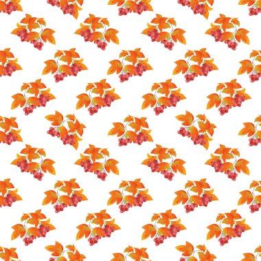 Sonbahar yaprakları pürüzsüz. Portakal yapraklı Rowan dalları, sonbahar dutları arkaplan süslerini tekrarlıyor. Mevsimlik botanik duvar kâğıdı. Çiçek desenli vektör illüstrasyonu