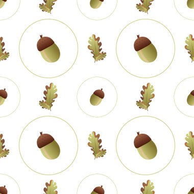Sonbahar yaprakları pürüzsüz. Daire şeklinde meşe yaprakları ve meşe palamutları sonsuz süslemeli arka planda. Mevsimsel orman doğası botanik duvar kağıdı. Çiçek desenli vektör illüstrasyonu