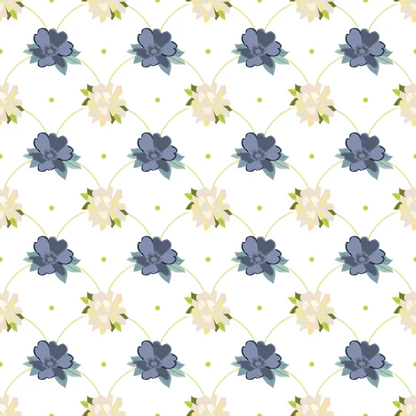 Summer flowers and leaves pattern seamless. White and blue flowers in linear repeating tile endless ornate backdrop. Beautiful blossom botanical wallpaper. Vector illustration with floral texture — Stock Vector