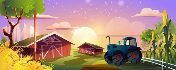 Strona do lądowania na farmie. Gospodarstwo rolne ze stodołą, traktorem, polami kukurydzy i sianem. Hodowla produktów ekologicznych, agrobiznesu, gruntów rolnych, zbieranie banerów internetowych tle. Ilustracja wektora kreskówki. — Wektor stockowy