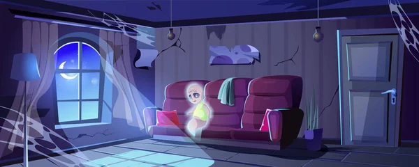 Página de destino do Halloween. Fantasma na velha casa abandonada. Interior do quarto arruinado com teias de aranha, móveis bagunçados e janela iluminada pela lua. Cena assustadora para fundo banner web feriado. Desenhos animados ilustração vetorial — Vetor de Stock