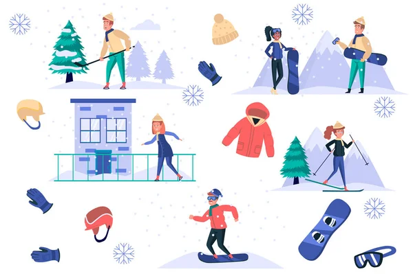 Sporturi de iarnă set de elemente izolate. Pachet de bărbați și femei patinează, schi sau snowboard, joacă hochei, îmbrăcăminte și echipamente pentru activități. Kit Creator pentru ilustrare vectorială în design de desene animate plate — Vector de stoc