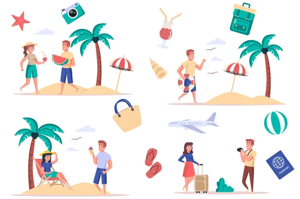 海の孤立要素で夏休みを設定します。ビーチで休む人々のバンドルは、スイカやアイスクリームを食べ、カクテルを飲む、日光浴。フラット漫画のデザインのベクトルイラストのためのクリエイターキット — ストックベクタ