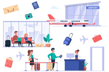 Havaalanı terminali izole edildi. Bir grup yolcu pasaport kontrolüne gidiyor, bavullu turistler bekleme odasında oturuyor, dünya seyahati. Düz çizgi film tasarımında vektör illüstrasyonu için oluşturucu kiti