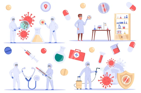 Изолированные коронавирусы. Набор ученых изучает вирус в лаборатории, разрабатывает лекарство, создает вакцину и борется с ковидом 19 болезнью. Набор для векторной иллюстрации в плоском дизайне мультфильма — стоковый вектор