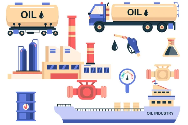 石油業界の孤立要素を設定します。船舶、給油、生産工場、バレルなどの石油タンカー、貯蔵および輸送のバンドル。フラット漫画のデザインのベクトルイラストのためのクリエイターキット — ストックベクタ