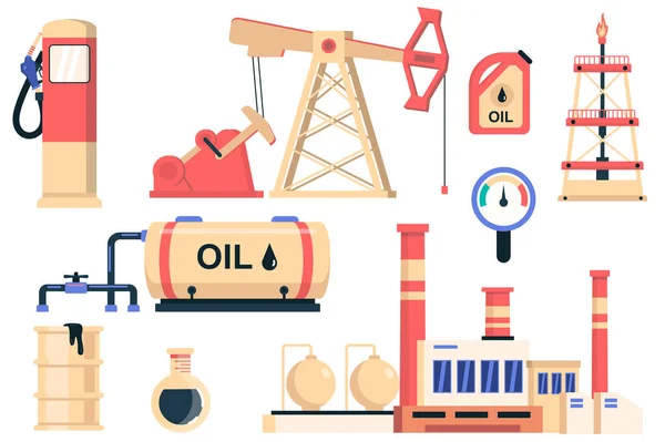 Oljeindustrin isolerade element som. Paket med bensinstation, bränslebehållare, oljefat, produktionsmaskiner, produktionsanläggning och annat. Skapare kit för vektor illustration i platt tecknad design — Stock vektor