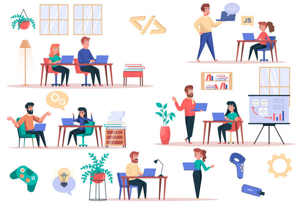 Разработчик игры работает над набором изолированных элементов. Пакет мужчин и женщин программистов написать код, настроить приложение, работать в игровой индустрии. Набор для векторной иллюстрации в плоском дизайне мультфильма