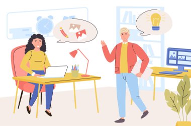 Tasarım şirketi konsepti. Kadın ve erkek tasarımcılar proje üzerinde çalışıyor, beyin fırtınası yapıyor, grafikler yaratıyor, web sitesi içeriği için resimler çiziyor, markalaştırıyor. Moda düz tasarımda vektör illüstrasyonu