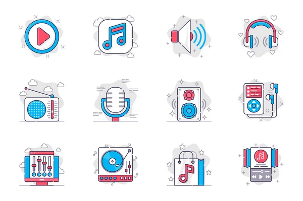 Music and radio station concept flat line icons set. Musical equipment and broadcasting. Bundle of volume, headphone, microphone, audio and other. Vector conceptual pack outline symbols for mobile app — Stock Vector