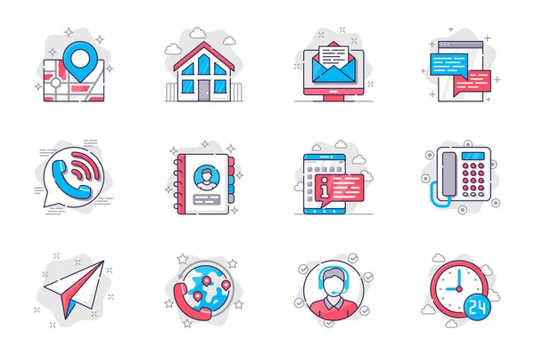 Contact us concept flat line icons set. Communication with client. Bundle of address, home, office, letter, message, chat, call, info and other. Vector conceptual pack outline symbols for mobile app — Stock Vector