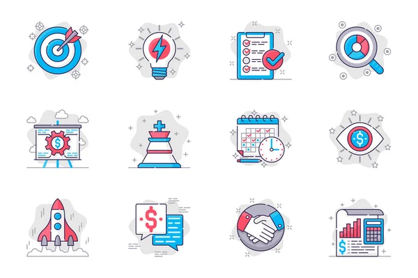 Business planning concept flat line icons set. Successful strategy and startup development. Bundle of target, idea, task, search, calendar, other. Vector conceptual pack outline symbols for mobile app — Stock Vector