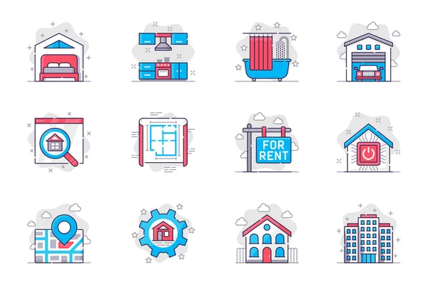 Icons de linha plana conceito imobiliário definido. Comprar ou alugar casa ou apartamento. Pacote de quarto, cozinha, banheiro, garagem, planta, outro. Símbolos de contorno do pacote conceitual vetorial para aplicativo móvel — Vetor de Stock