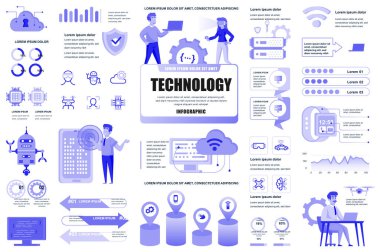 Yeni teknolojiler, UI, UX, KIT elementlerini paketle. Farklı grafikler, şemalar, servis, bulut teknolojisi, yapay zeka tasarım şablonu. Vektör bilgi grafiği ve bilgi grafikleri ayarlandı.