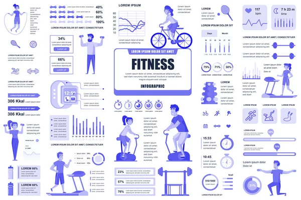 Bundle fitness et sports infographie UI, UX, éléments KIT. Différents graphiques, diagrammes, flux de travail, équipement de fitness, salle de gym, modèle de conception d'entraînement cardio. Ensemble graphique et infographique vectoriel. — Image vectorielle