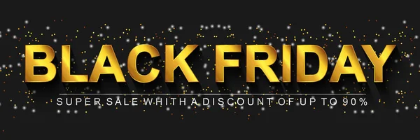 Banner zum Black Friday Super Sale. Dunkler Hintergrund mit goldenem Text und glänzend glitzerndem horizontalen Poster. Discount-Preise Konzept. Vektorillustration mit realistischen Elementen für Header-Website — Stockvektor