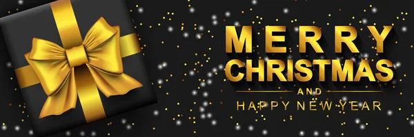 Merry Christmas 2022 and Happy New Year banner. Dark background with golden text, gift box and glowing glitter. Xmas holiday poster. Vector illustration with realistic elements for header website — Stock Vector