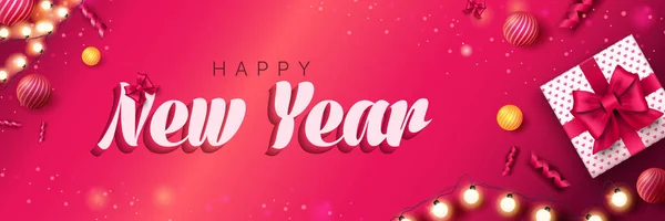 Happy New Year 2022 banner. Christmas pink background with gift box, garland, festive balls, ribbons. Xmas holiday celebration poster. Vector illustration with realistic elements for header website — Stock Vector