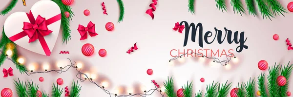 メリークリスマス2022のバナー。白い背景にお祝いの装飾と休日の概念。ギフト、弓、松、ボール、リボンとクリスマスのポスター。ヘッダーウェブサイトのための現実的な要素とベクトルイラスト — ストックベクタ