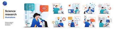 Bilim araştırması izole edildi. Bilim adamları laboratuvar ekipmanları üzerinde testler yapıyorlar. Düz dizaynlı sahnelerin koleksiyonu. Blogculuk, web sitesi, mobil uygulama, tanıtım materyalleri için vektör illüstrasyonu.