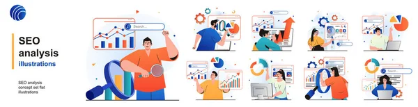 Seo Analyse isolierte Menge. Datenanalyse, erfolgreiche Strategie, Optimierung. Menschen sammeln Szenen in flachem Design. Vektor-Illustration für Blogging, Website, mobile App, Werbematerialien. — Stockvektor