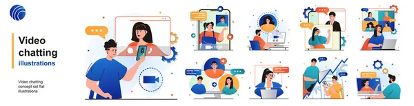 Video chatten geïsoleerde set. Online communicatie met behulp van video calling app. Mensen collectie van scènes in plat ontwerp. Vector illustratie voor bloggen, website, mobiele app, promotiemateriaal. — Stockvector