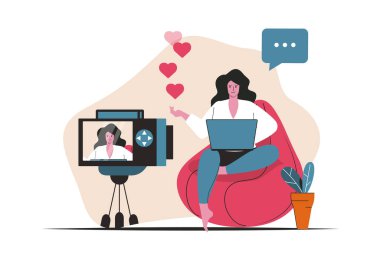 Bloglama kavramı izole edildi. Video içeriği oluşturma, çevrimiçi promosyon, blog yazarlığı. Düz çizgi film dizaynındaki insanlar. Blogculuk, web sitesi, mobil uygulama, tanıtım materyalleri için vektör illüstrasyonu.