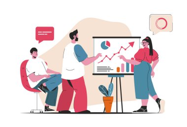 İş toplantısı konsepti izole edildi. Rapor sunumu ve strateji tartışması. Düz çizgi film dizaynındaki insanlar. Blogculuk, web sitesi, mobil uygulama, tanıtım materyalleri için vektör illüstrasyonu.