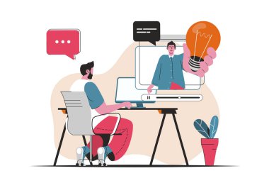 Webinar konsepti izole edildi. Profesyonel gelişim, koçluk ve eğitim. Düz çizgi film dizaynındaki insanlar. Blogculuk, web sitesi, mobil uygulama, tanıtım materyalleri için vektör illüstrasyonu.