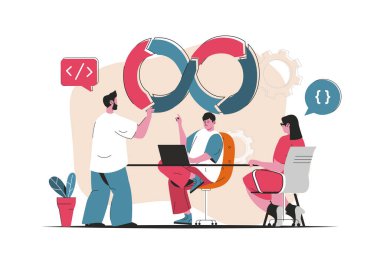 DevOps kavramı izole edildi. Yazılım geliştirme ekibi, organizasyonu işler. Düz çizgi film dizaynındaki insanlar. Blogculuk, web sitesi, mobil uygulama, tanıtım materyalleri için vektör illüstrasyonu.