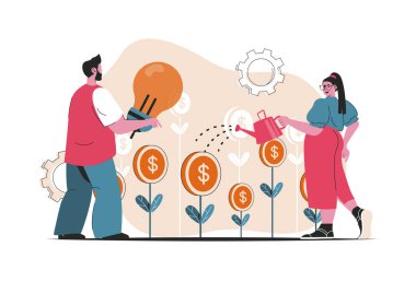 Yatırım konsepti izole edildi. Finansal araçlar, gelir ve kar artışı. Düz çizgi film dizaynındaki insanlar. Blogculuk, web sitesi, mobil uygulama, tanıtım materyalleri için vektör illüstrasyonu.