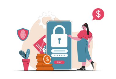 Güvenli ödeme kavramı izole edildi. Mobil uygulamalardaki finansal işlemlerin korunması. Düz çizgi film dizaynındaki insanlar. Blogculuk, web sitesi, mobil uygulama, tanıtım materyalleri için vektör illüstrasyonu.