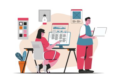 Web geliştirme kavramı izole. Siteler oluşturma ve optimizasyon, içerik doldurma. Düz çizgi film dizaynındaki insanlar. Blogculuk, web sitesi, mobil uygulama, tanıtım materyalleri için vektör illüstrasyonu.