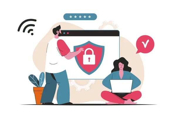 Cybersecurity concept geïsoleerd. Wachtwoordbeveiliging persoonlijke gegevens, identificatie. Mensen scène in platte cartoon ontwerp. Vector illustratie voor bloggen, website, mobiele app, promotiemateriaal. — Stockvector