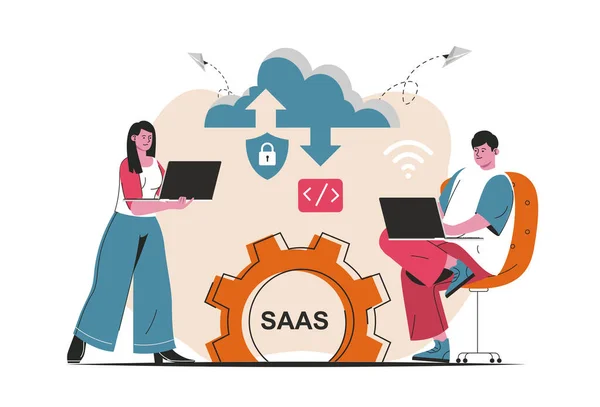 SAAS-koncepció elkülönítve. Jelölt Felhasználók szoftverlicenceket vásárolnak, felhőtechnológiát használnak. Emberek jelenet lapos rajzfilm design. Vektorillusztráció blogoláshoz, weboldalhoz, mobil alkalmazáshoz, promóciós anyagokhoz. — Stock Vector