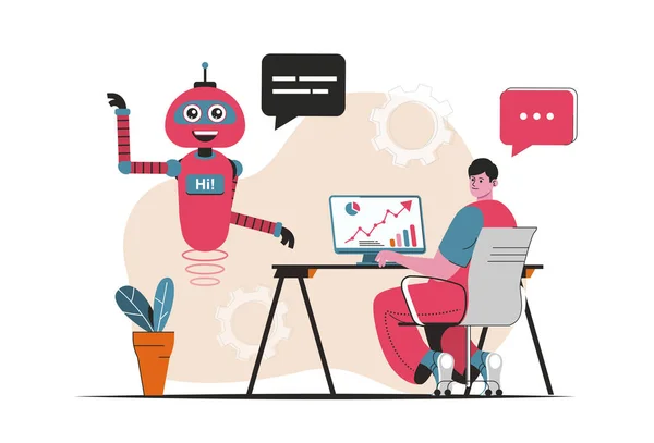 Εικονική έννοια βοηθού απομονωμένη. Υποστήριξη πελατών από ρομπότ ρομπότ σε online chats. Άνθρωποι σκηνή σε επίπεδη σχεδίαση κινουμένων σχεδίων. Εικονογράφηση διάνυσμα για blogging, ιστοσελίδα, mobile app, διαφημιστικό υλικό. — Διανυσματικό Αρχείο