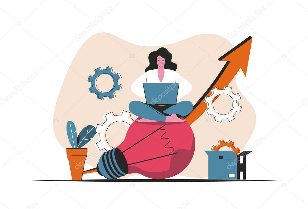 Business idea concept isolated. Generating and implementing business innovations. People scene in flat cartoon design. Vector illustration for blogging, website, mobile app, promotional materials.