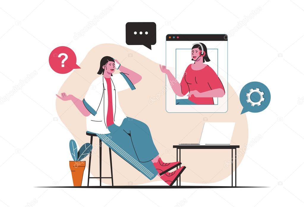 Customer service concept isolated. Tech support, call center hotline consultations. People scene in flat cartoon design. Vector illustration for blogging, website, mobile app, promotional materials.