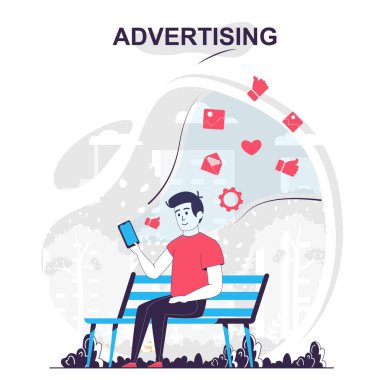 Reklamcılık ve online promosyon karikatür konsepti. Sosyal medyada reklam kampanyası, insanlar düz tasarımda sahne alıyor. Blogculuk, web sitesi, mobil uygulama, tanıtım materyalleri için vektör illüstrasyonu.