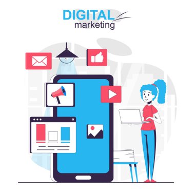 Dijital pazarlama izole edilmiş çizgi film konsepti. Pazarlamacı, sosyal ağda insanların düz dizayn sahnesinde online promosyon yapıyor. Blogculuk, web sitesi, mobil uygulama, tanıtım materyalleri için vektör illüstrasyonu.