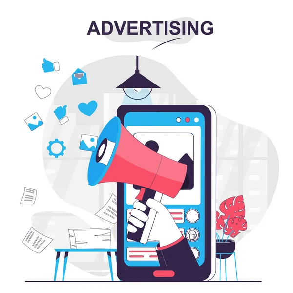 Advertising isolated cartoon concept. Online promotion in social media at mobile app, people scene in flat design. Vector illustration for blogging, website, mobile app, promotional materials.