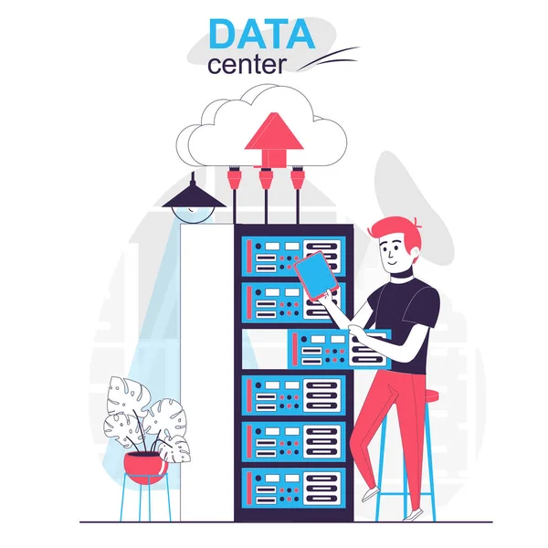 Data center elszigetelt rajzfilm koncepció. Mérnöki munka a szerver állványon, felhő technológia emberek jelenet lapos design. Vektorillusztráció blogoláshoz, weboldalhoz, mobil alkalmazáshoz, promóciós anyagokhoz. — Stock Vector