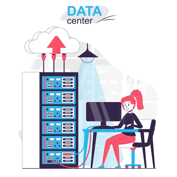 Datové centrum izolované kreslený koncept. Žena pracující v serverovně, síťová scéna s hardwarem v plochém designu. Vektorová ilustrace pro blogování, webové stránky, mobilní aplikace, propagační materiály. — Stockový vektor