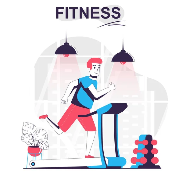 Fitness isolato concetto di cartone animato. Uomo che corre sul tapis roulant, esercizio sportivo in palestra, scena di persone di allenamento in design piatto. Illustrazione vettoriale per blogging, sito web, app mobile, materiale promozionale. — Vettoriale Stock