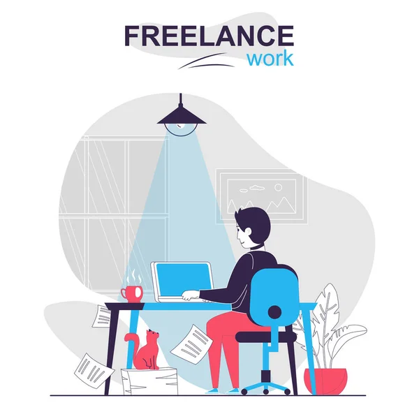 Freelance arbejde isoleret tegneserie koncept. Mand freelancer arbejder på laptop derhjemme online mennesker scene i fladt design. Vektorillustration til blogging, hjemmeside, mobil app, reklamemateriale. – Stock-vektor