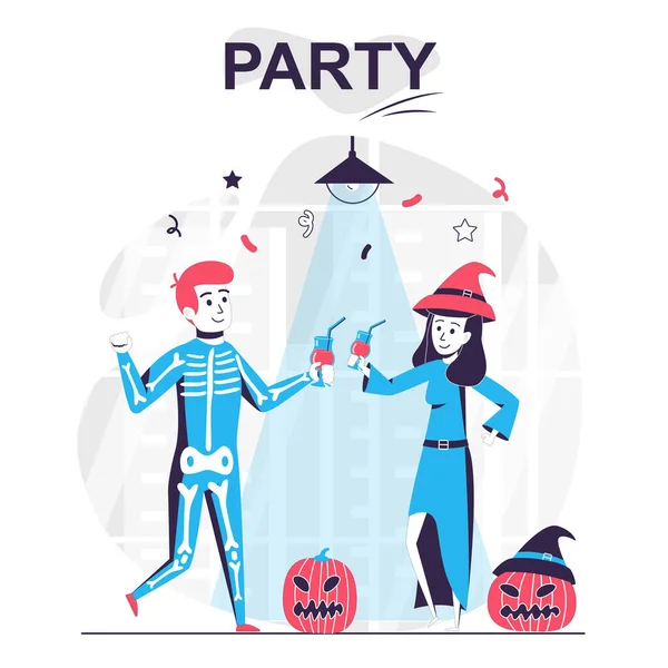 Party izolované kreslený koncept. Muži a ženy slaví Halloween, pijí a baví, lidé scény v plochém designu. Vektorová ilustrace pro blogování, webové stránky, mobilní aplikace, propagační materiály. — Stockový vektor
